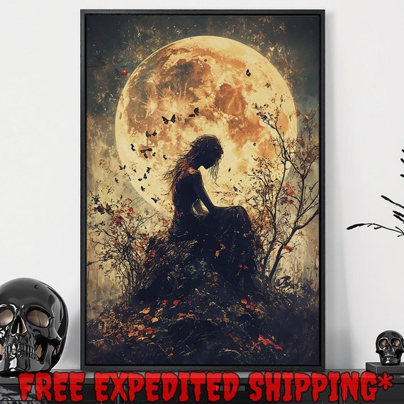 Mysterious Full Moon Framed Wall Art Girl With Butterflies Painting Print Dark Academic Decor Gothic Celestial Poster Ready To Hang