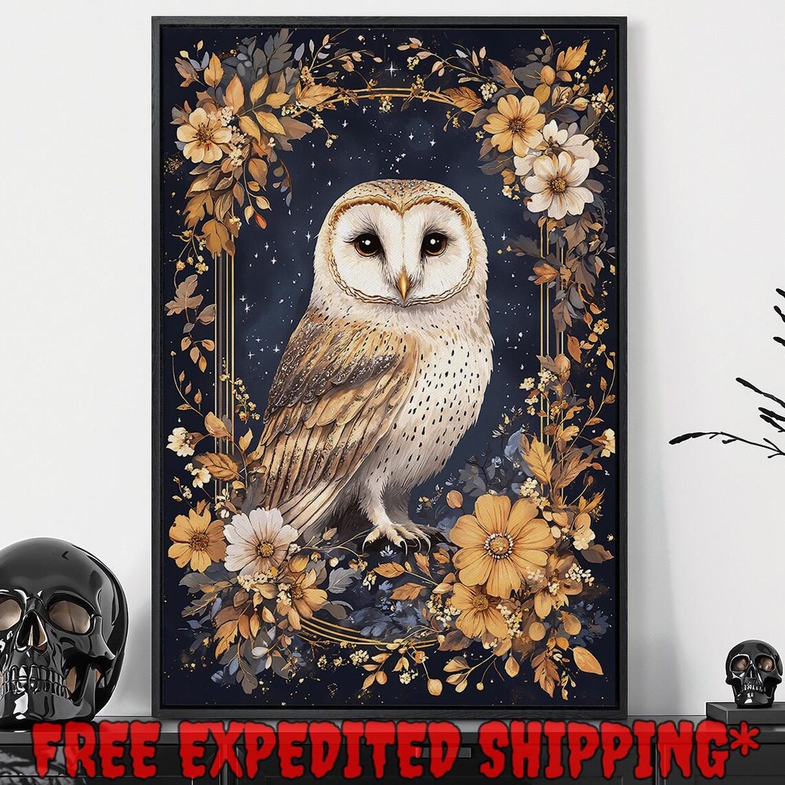 White Barn Owl Surrounded By Daisies Starry Night Floral Arch Art Poster