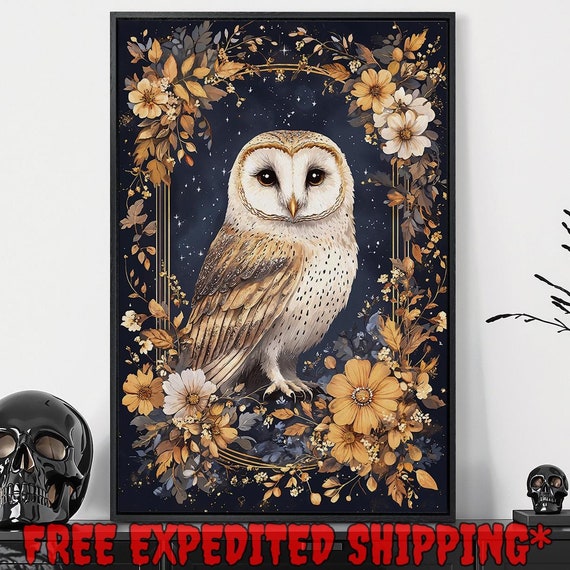 Night White Owl Framed Wall Art Celestial Starry Sky Painting Print Dark Floral Decor Gothic Dark Academic Poster Ready To Hang