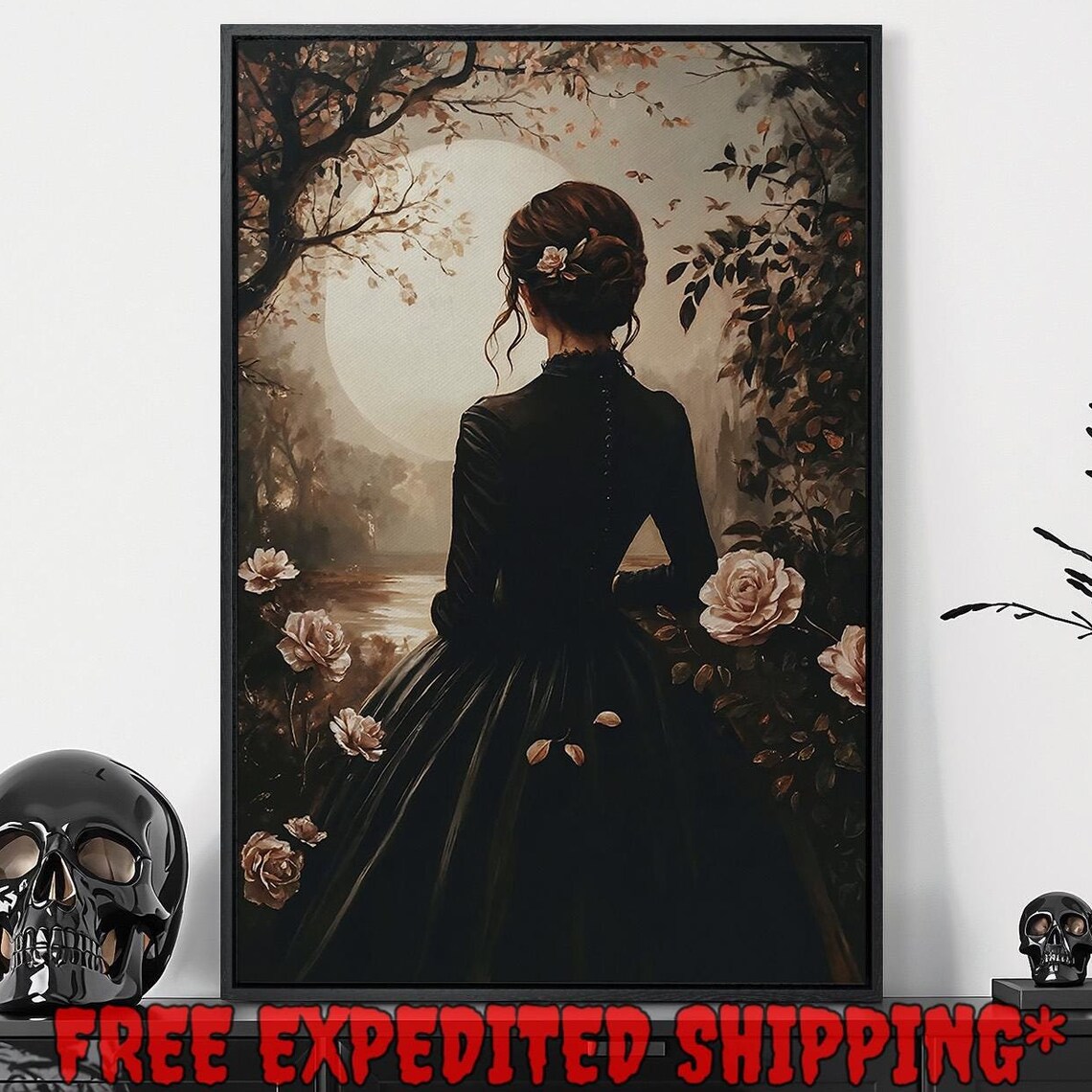 Woman Gazing At Full Moon Autumn Roses Romantic Dark Academia Wall Art