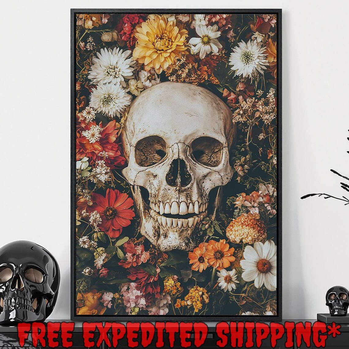 Skull Among Vibrant Wildflowers Dark Gothic Floral Still Life Wall Art