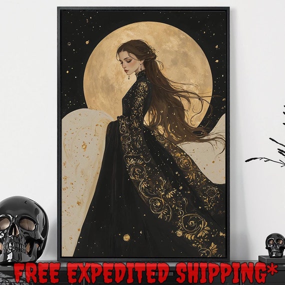 Beautiful Girl In Moonlit Print Full Moon And Starry Sky Decor Celestial Dark Cottagecore Poster Ready To Hang Framed Wall Art