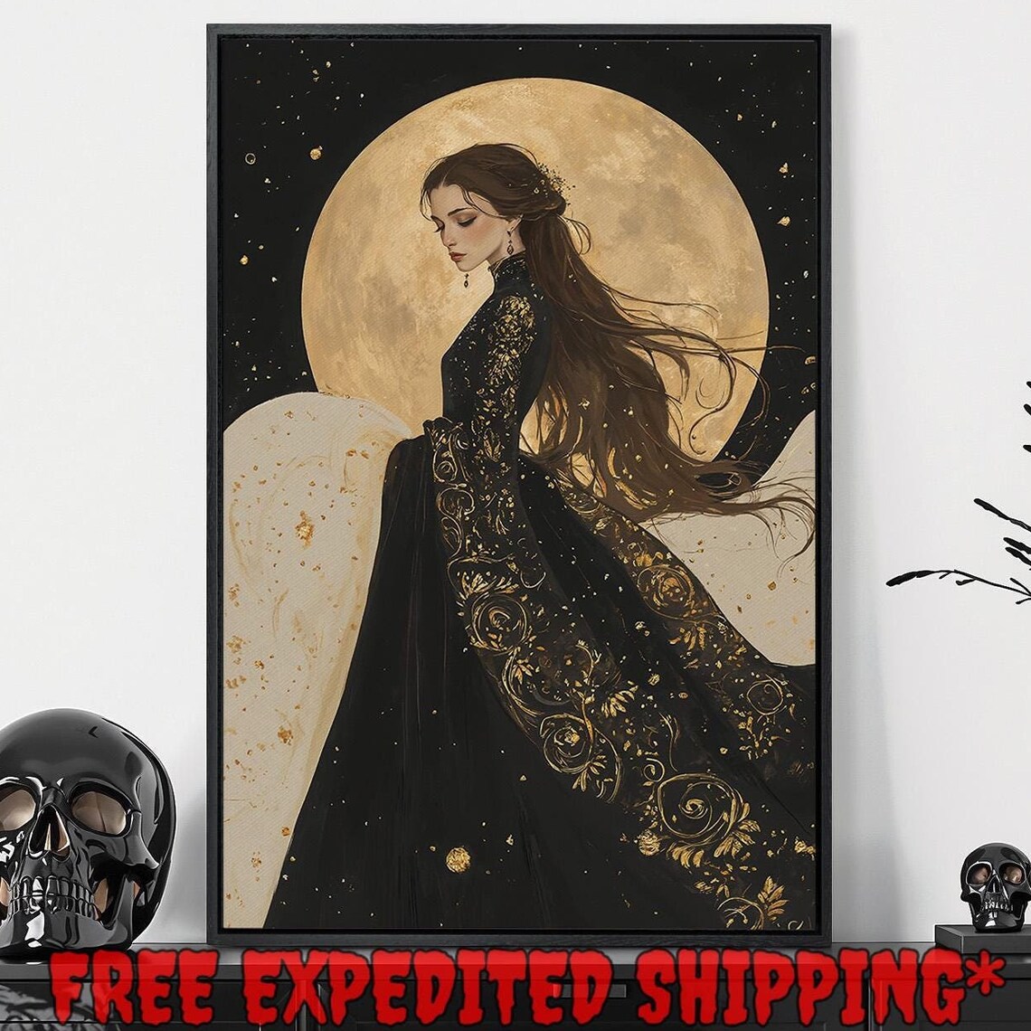 Woman Golden Full Moon Black Gown Flowing Hair Dark Celestial Romance Poster