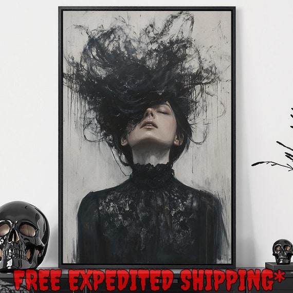 Gothic Woman In Black Lace Attire Framed Wall Art Chaotic Hair Painting Print Female Figure Decor Dark Academic Poster Ready To Hang