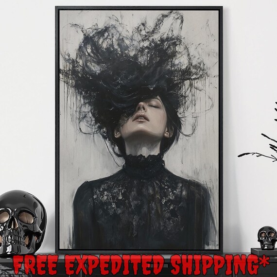Gothic Woman Wild Black Hair Dark Lace Dress Moody Portrait Poster