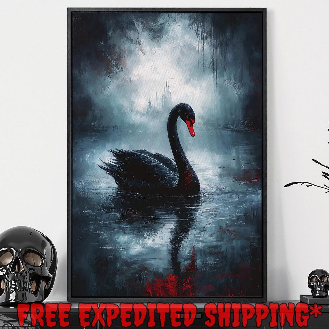 Black Swan On Misty Lake With Red Accents Gothic Dramatic Poster