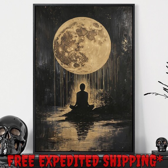 Meditating Figure Silhouette Under Golden Moon Dripping Gold Light Poster