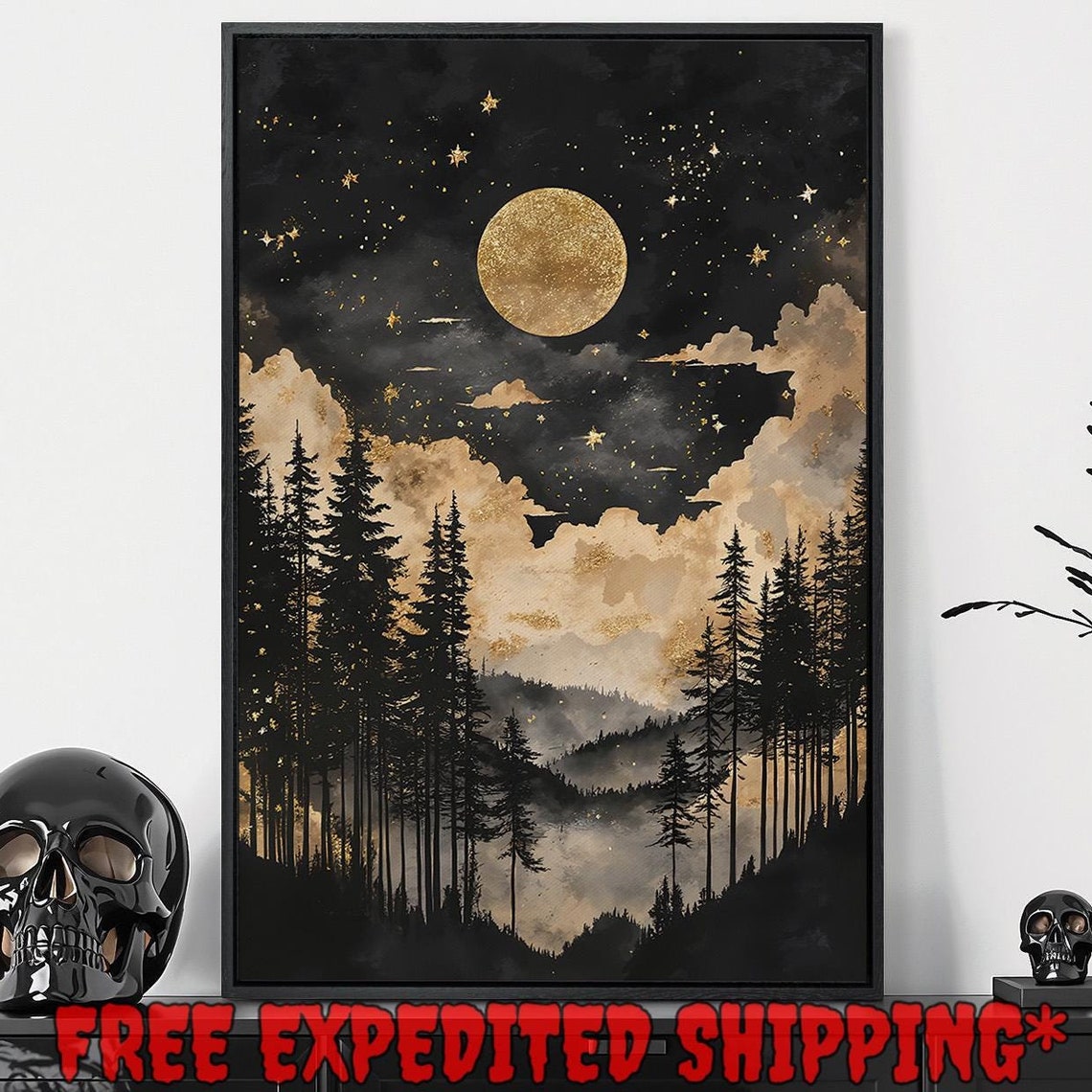 Starry Moonlit Night Framed Wall Art Puffy Clouds Painting Print Mountain Forest Decor Gothic Landscape Poster Gift Ready To Hang