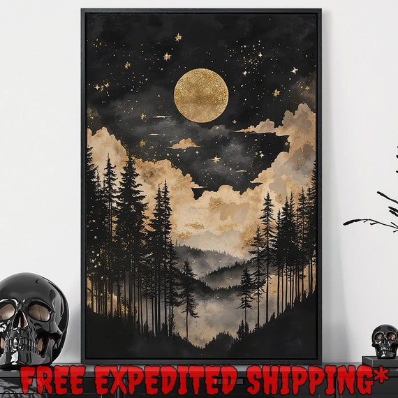 Starry Moonlit Night Framed Wall Art Puffy Clouds Painting Print Mountain Forest Decor Gothic Landscape Poster Gift Ready To Hang