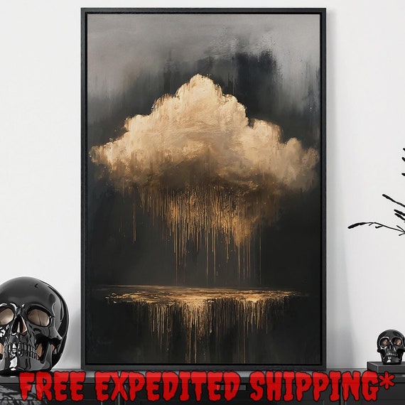 Ethereal White Cloud Framed Wall Art Abstract Golden Rain Painting Print Surreal And Mystical Decor Gothic Poster Gift Ready To Hang