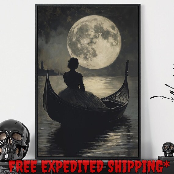 Gothic Woman in Gondola Beneath Pale Glowing Full Moon Night Poster