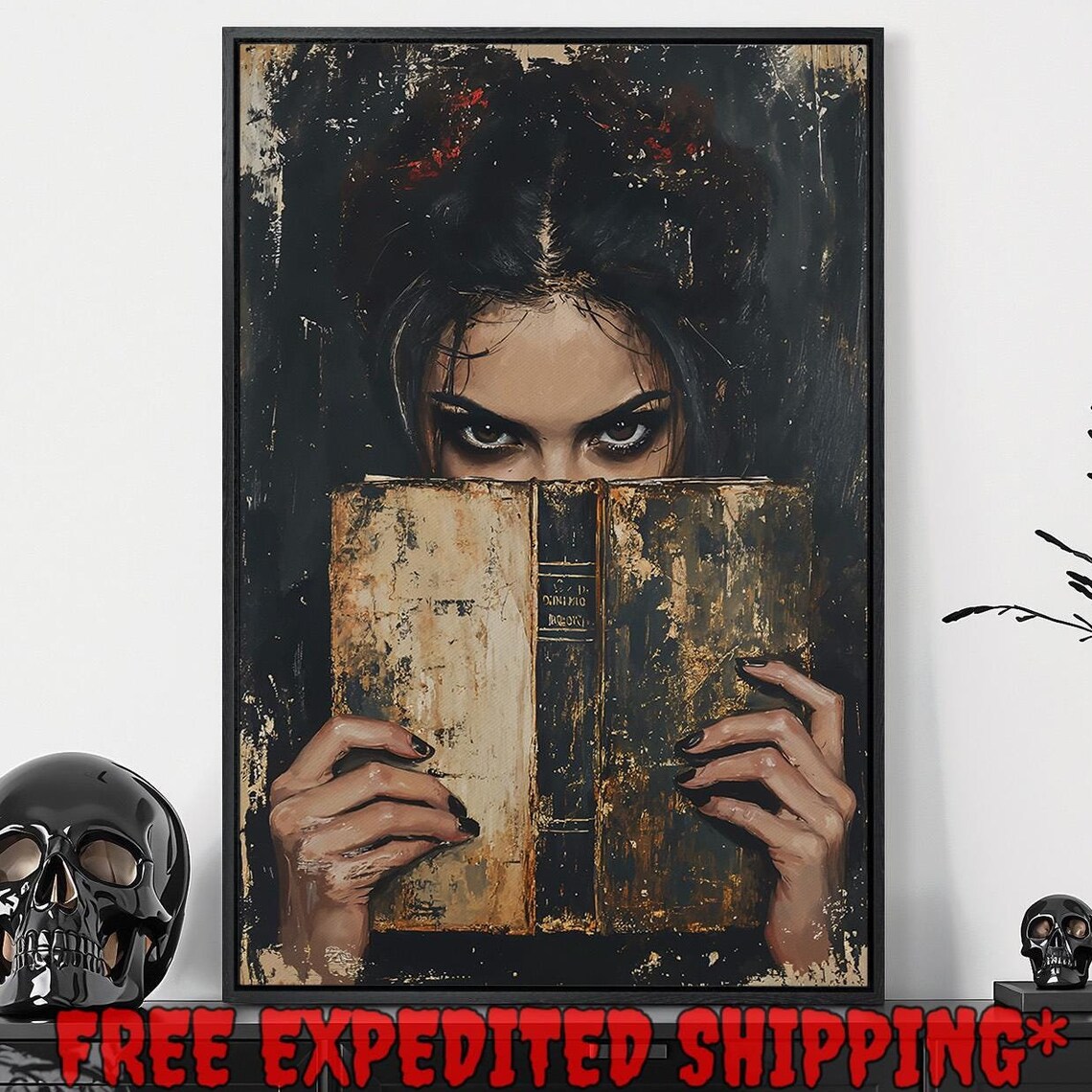 Mysterious Woman Peering Over Old Book Dark Eyes Gothic Reader Wall Art