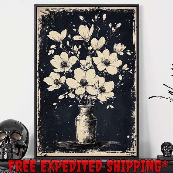 Cream Cosmos Bouquet in Tin Vase Dark Vintage Botanical Poster