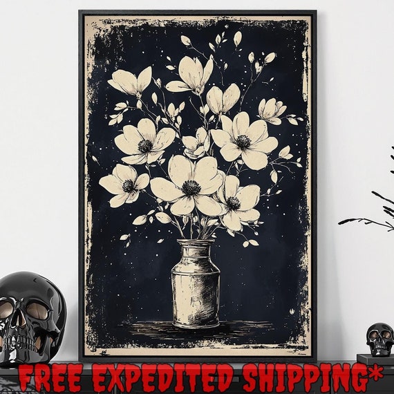 Gothic Flowers In Vase Print Elegant Bouquet Dark Floral Home Decor Vintage Dark Botanical Poster Ready To Hang Framed Wall Art