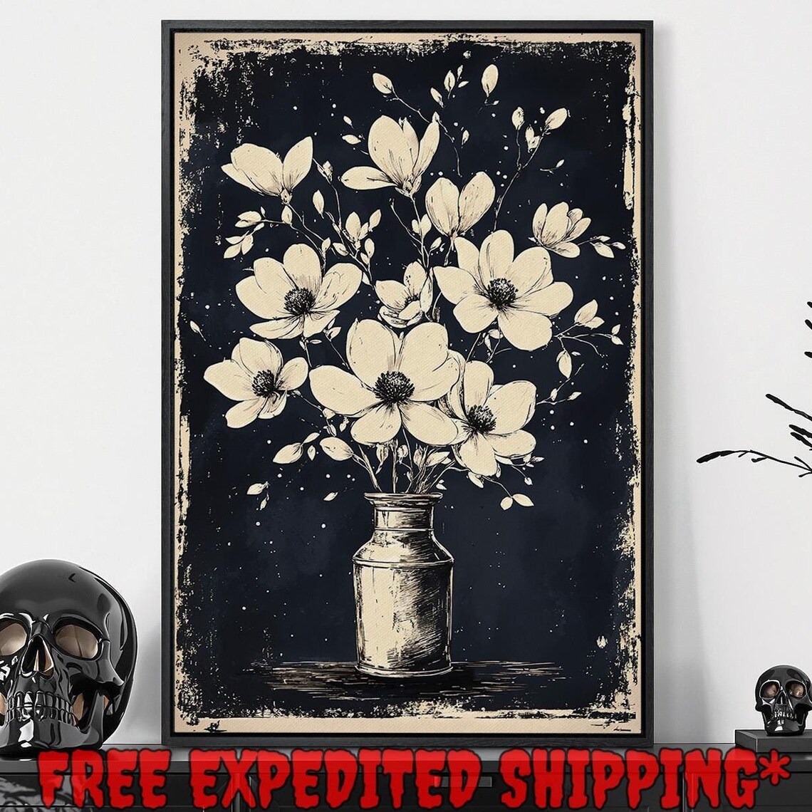 Cream Cosmos Bouquet in Tin Vase Dark Vintage Botanical Poster