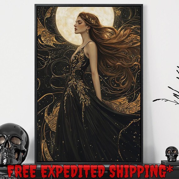 Celestial Woman Full Moon Halo Flowing Auburn Hair Black Gold Gothic Wall Art