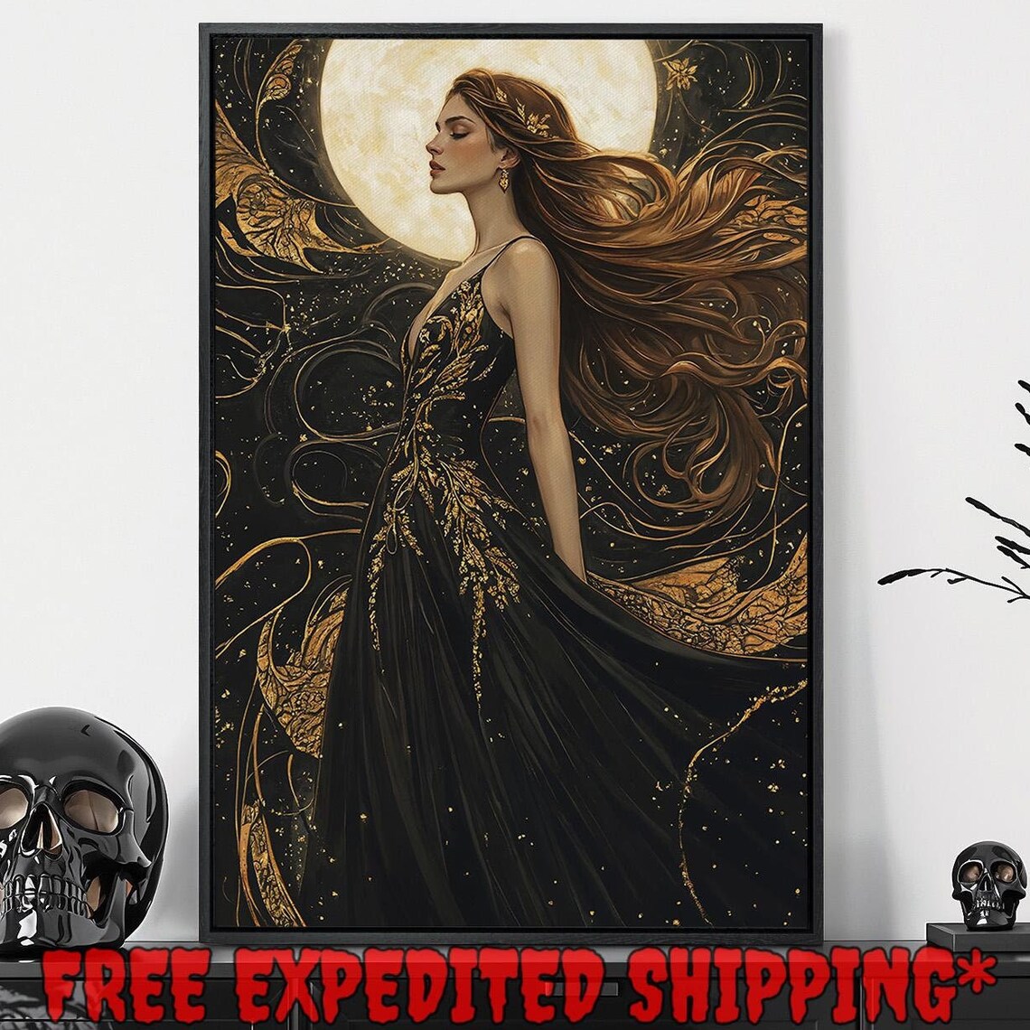 Celestial Woman Full Moon Halo Flowing Auburn Hair Black Gold Gothic Wall Art