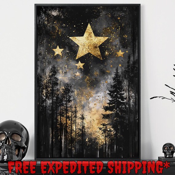 Golden Stars Above Dark Pine Forest Night Sky Painting Poster