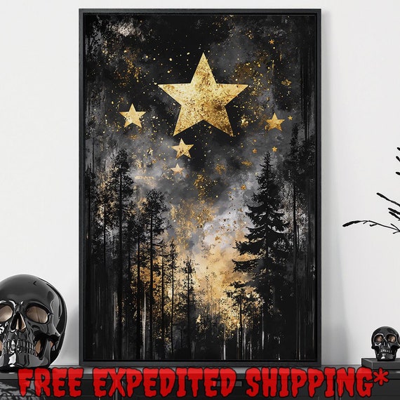 Starry Night In Gothic Forest Print Enchanted Celestial Sky Decor Mystical Dark Cottagecore Poster Ready To Hang Framed Wall Art