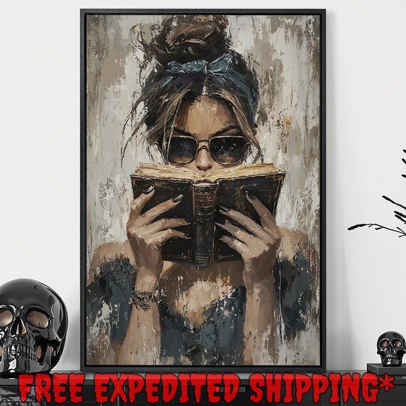 Stylish Boho Woman Reading Vintage Book Sunglasses Portrait Poster