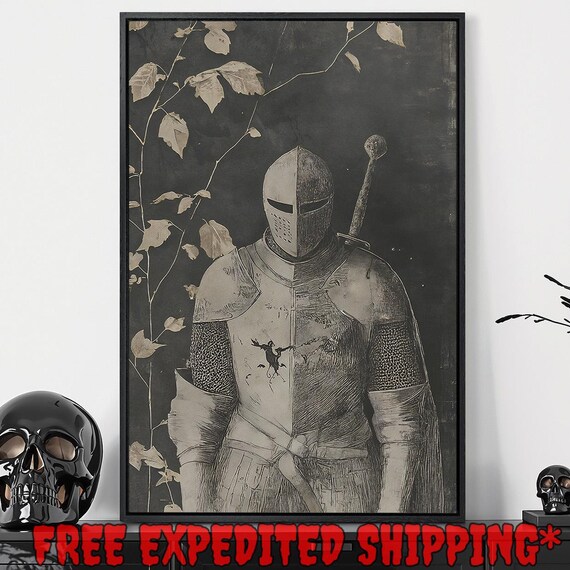 Medieval Knight Armor Sword Monochrome Vintage Warrior Art Poster