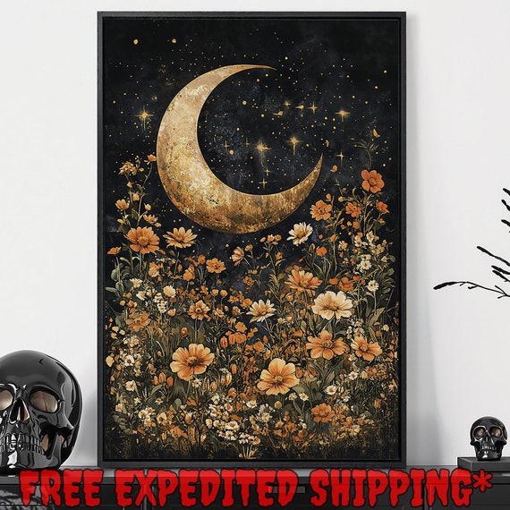Crescent Moon Framed Wall Art Starry Night And Wildflowers Painting Print Dark Floral Decor Dark Academia Poster Gift Ready To Hang