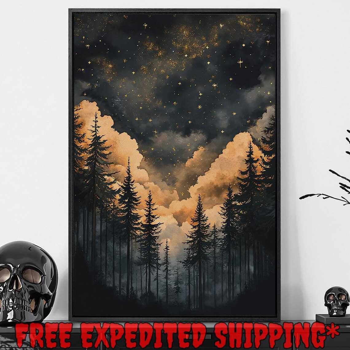 Starry Night Golden Clouds Tall Pine Forest Fantasy Dark Mystical Wall Poster
