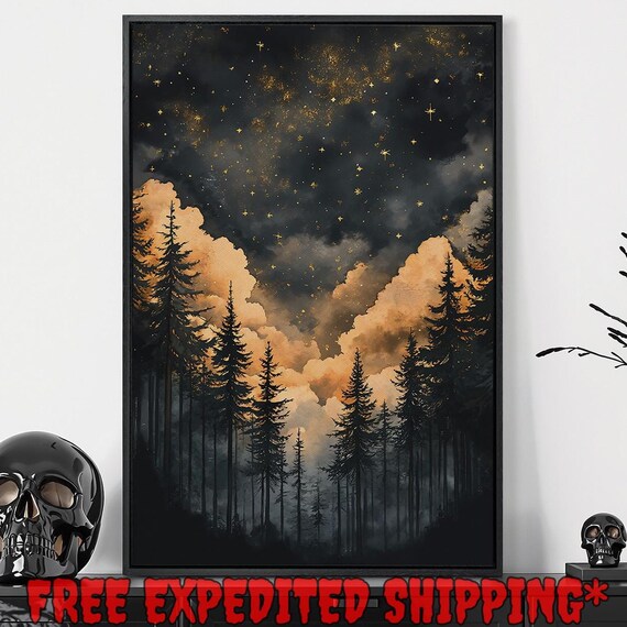 Starry Night Golden Clouds Tall Pine Forest Fantasy Dark Mystical Wall Poster