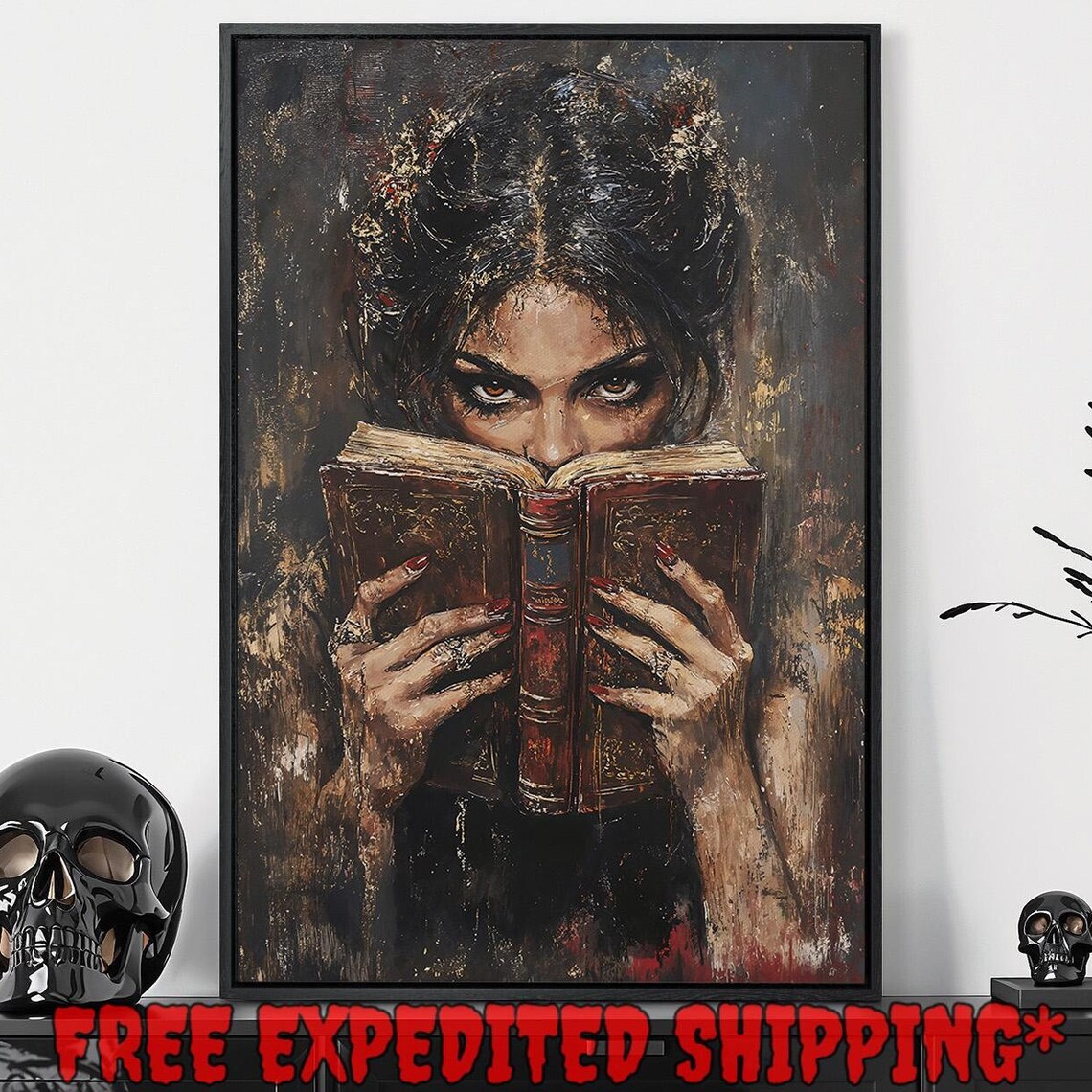 Intense Woman Eyes Over Open Leather Book Dark Gothic Reader Portrait Wall Art