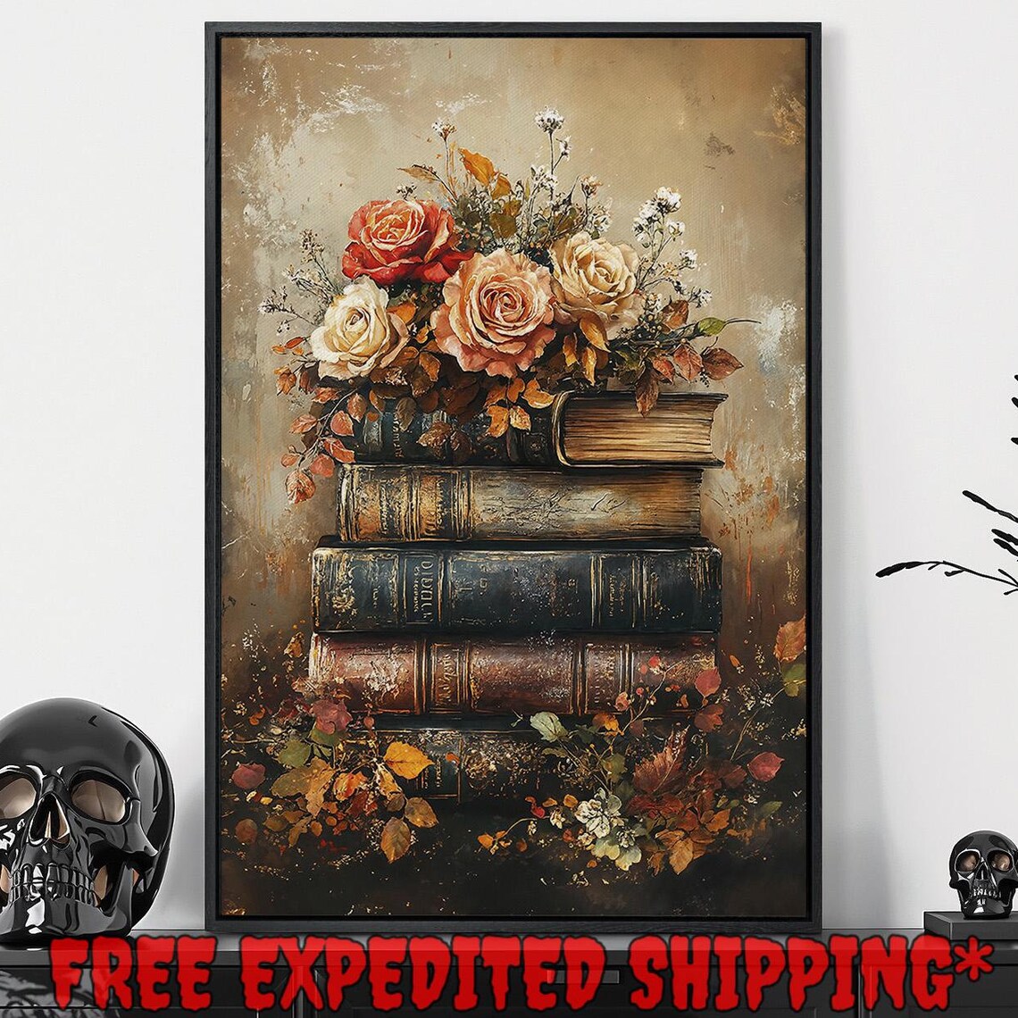 Antique Book Stack Autumn Roses Vintage Floral Library Art Poster