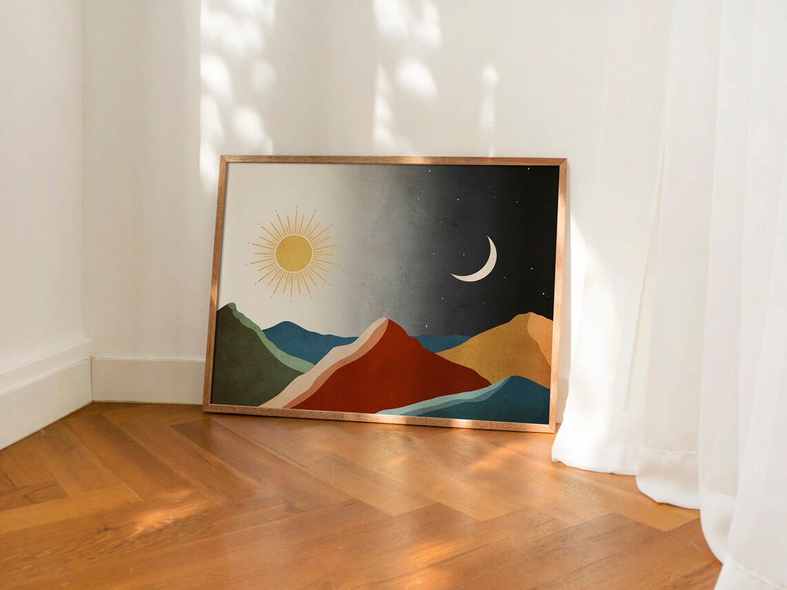 Colorful Boho Sun and Moon Mountains Day and Night Landscape Poster