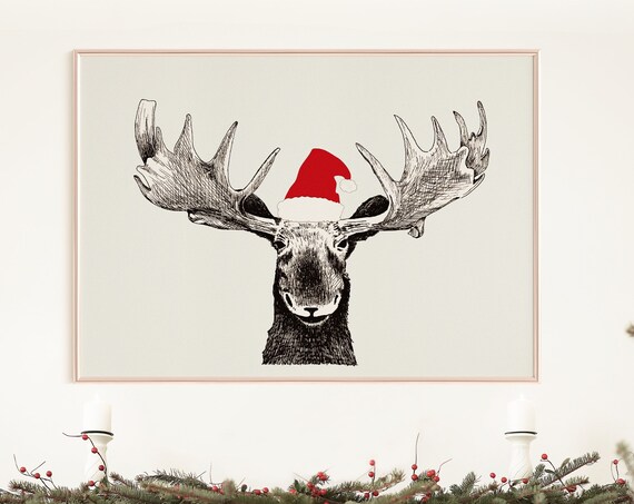 Santa Moose Print Cute Festive Decor Funny Santa Clause Moose Poster Trendy Holiday Art Minimalist Christmas Print Instant