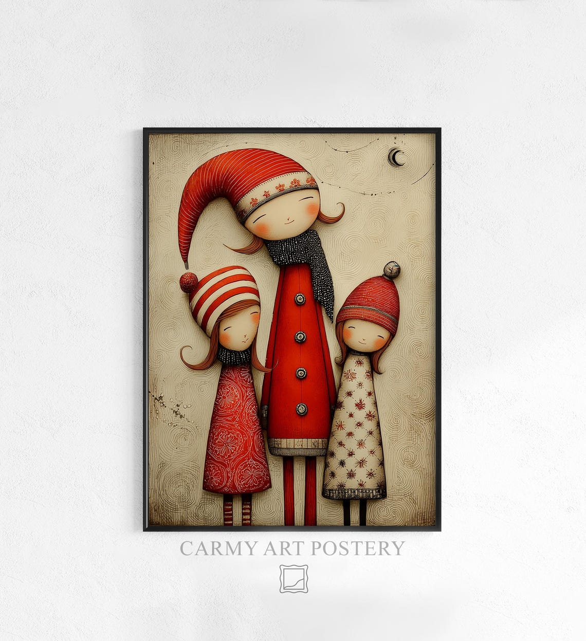 Whimsical Santa Two Children Red Winter Outfits Folk Christmas Poster