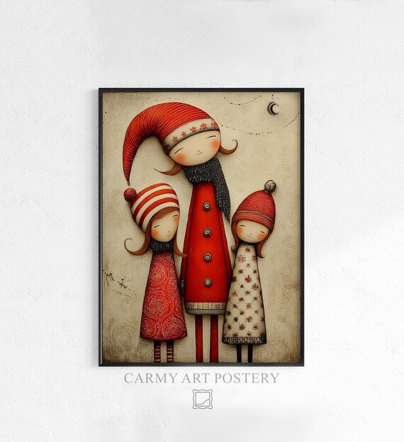 Whimsical Santa Two Children Red Winter Outfits Folk Christmas Poster