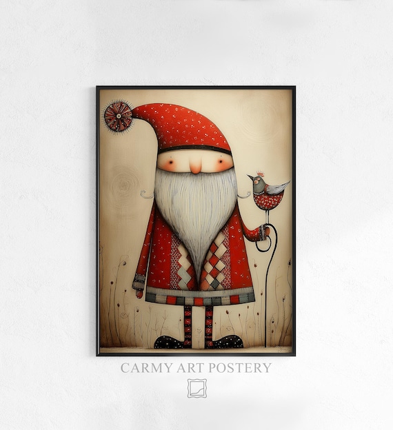 Vintage Folk Santa Claus Bird Whimsical Christmas Wall Poster