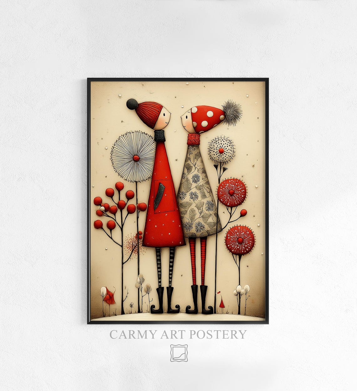 Scandinavian Folk Pair Red Coats Vintage Christmas Art Poster