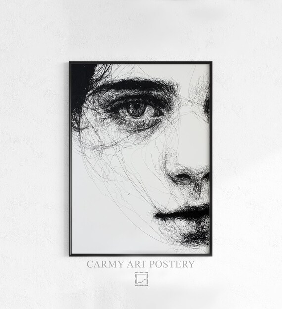 Moody Portrait Sketch Intimate Fine Art Wall Decor Minimalist Monochrome Drawing Unique Eye Study 638