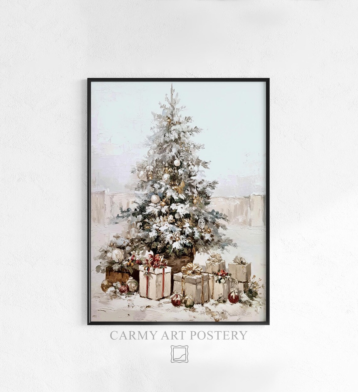 Snowy Christmas Tree with Wrapped Gifts Vintage Winter Painting Poster