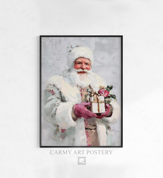 Vintage Santa Claus White Fur Coat Gift Portrait Christmas Poster
