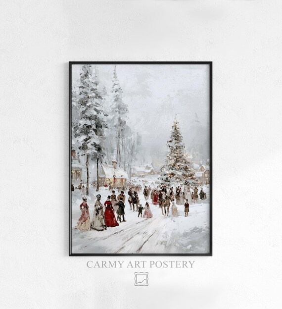 Victorian Christmas Village Snow Celebration Vintage Painting Wall Art