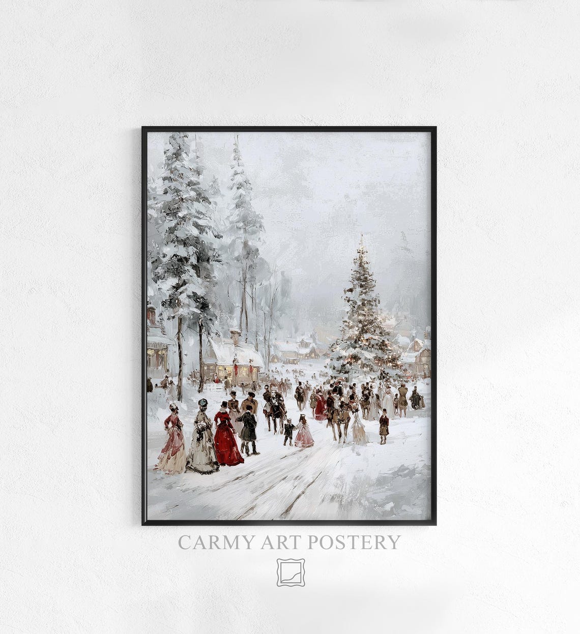 Victorian Christmas Village Snow Celebration Vintage Painting Wall Art