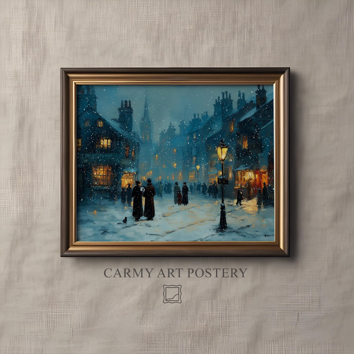 Victorian Carol Singers Snowy Street Night Holiday Vintage Art Poster