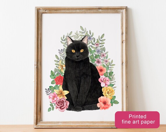 Black Cat With Floral Wreath Watercolor Kitten Fine Art Poster