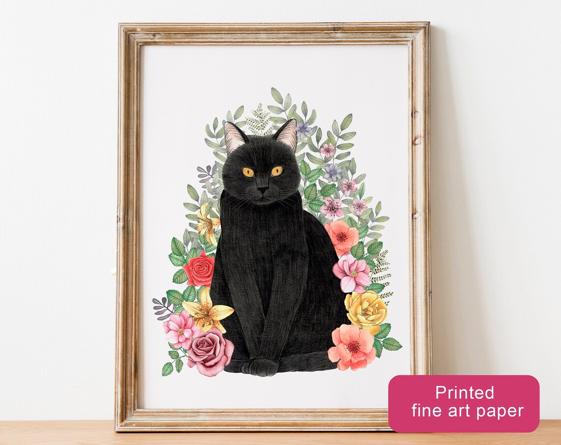 Black Cat With Floral Wreath Watercolor Kitten Fine Art Poster