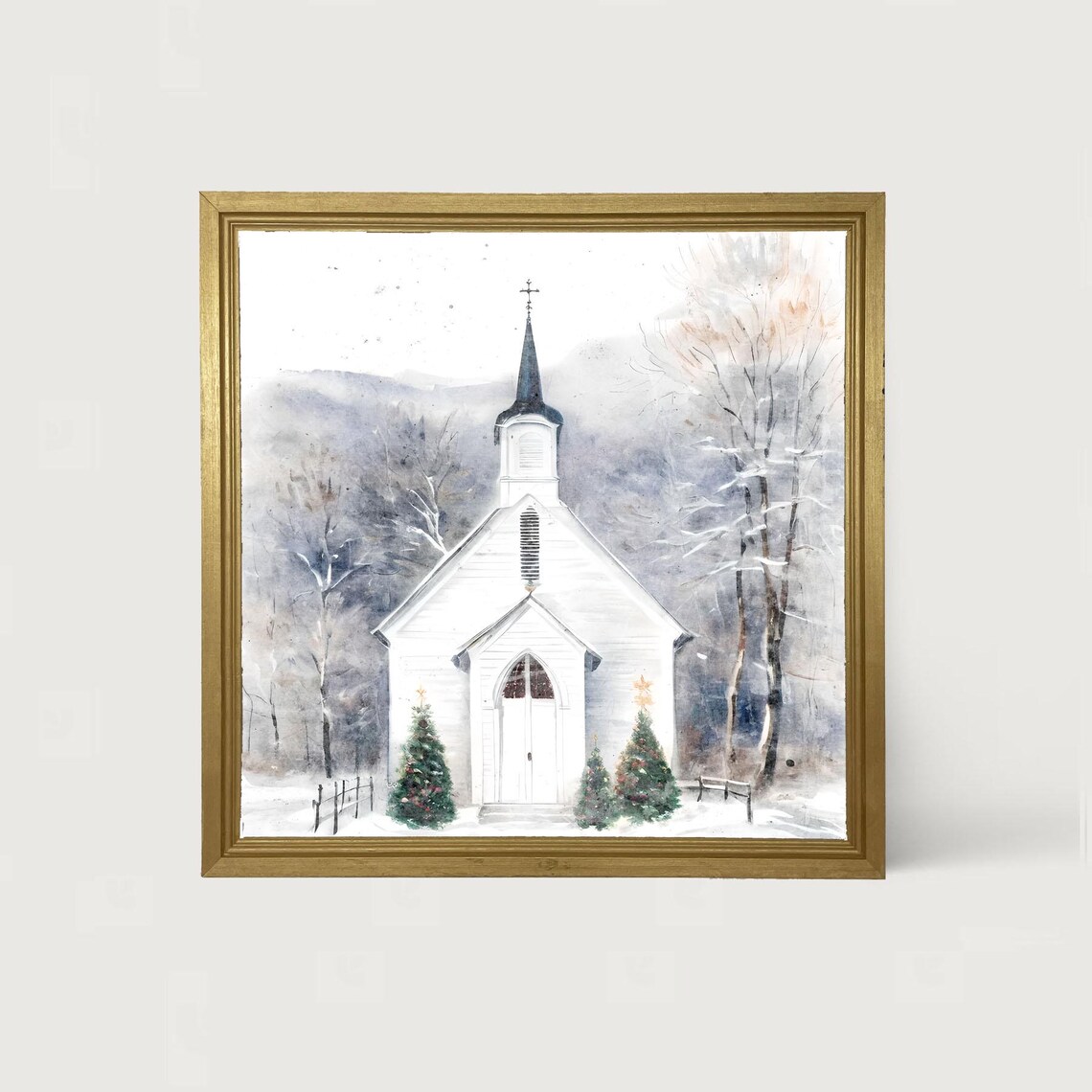 Winter Church And Christmas Trees Art Print
