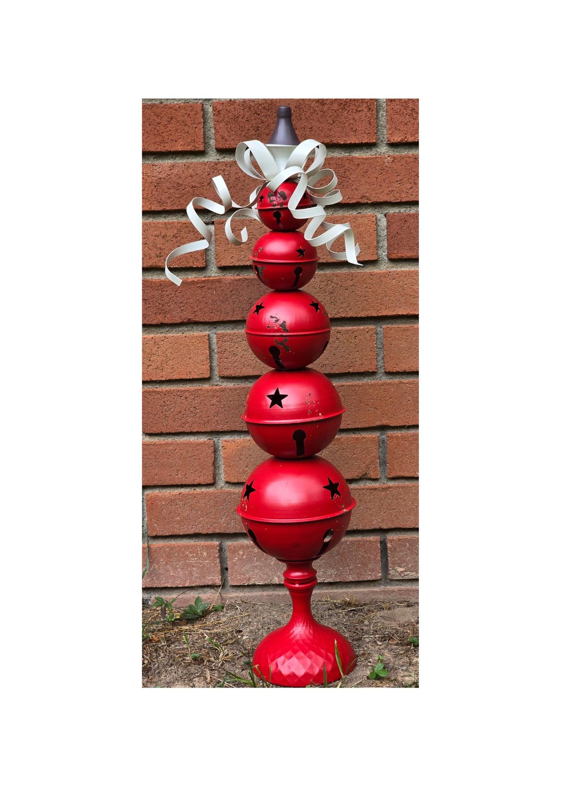 Stacked White Jingle Bell Christmas Tree Stand Red Ribbon Ornament - Image 2
