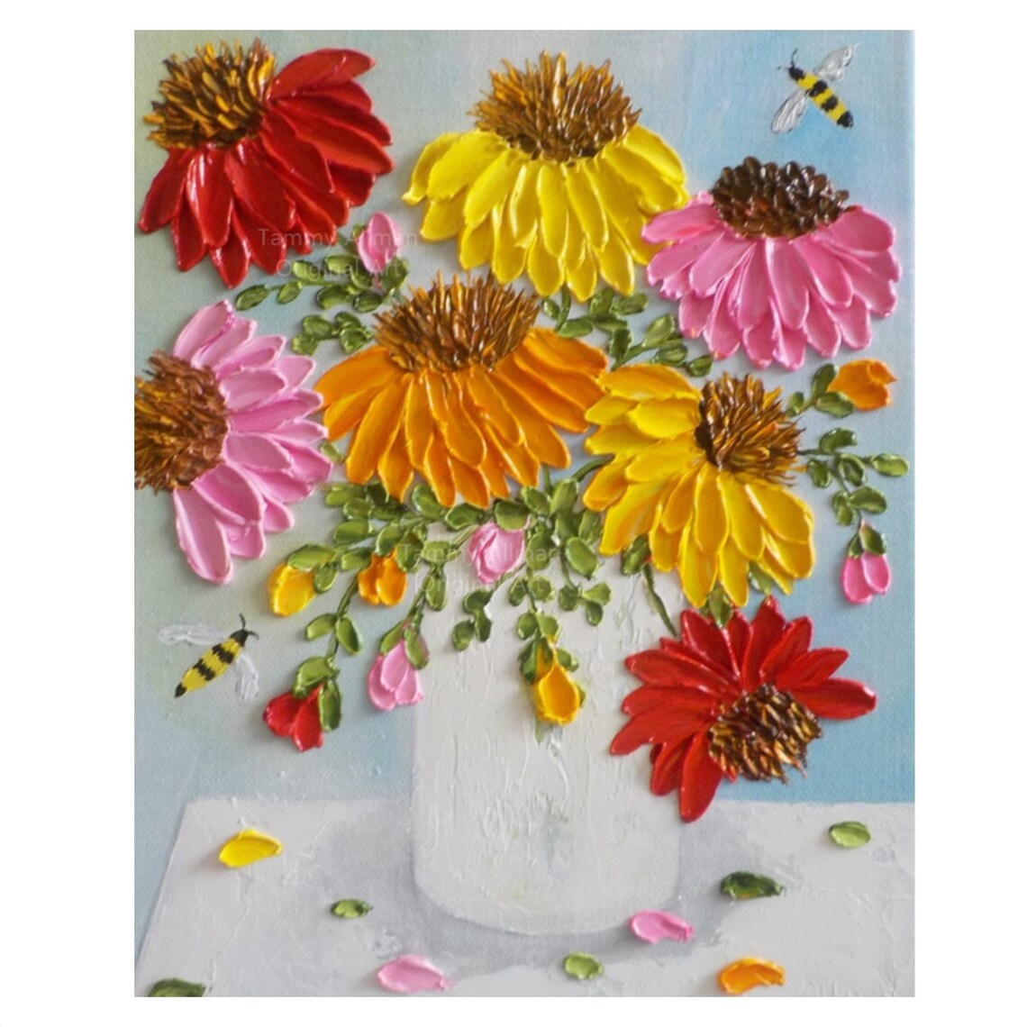 Custom Cone Flowers and Bee Impasto Oil Painting Art Print - Image 5