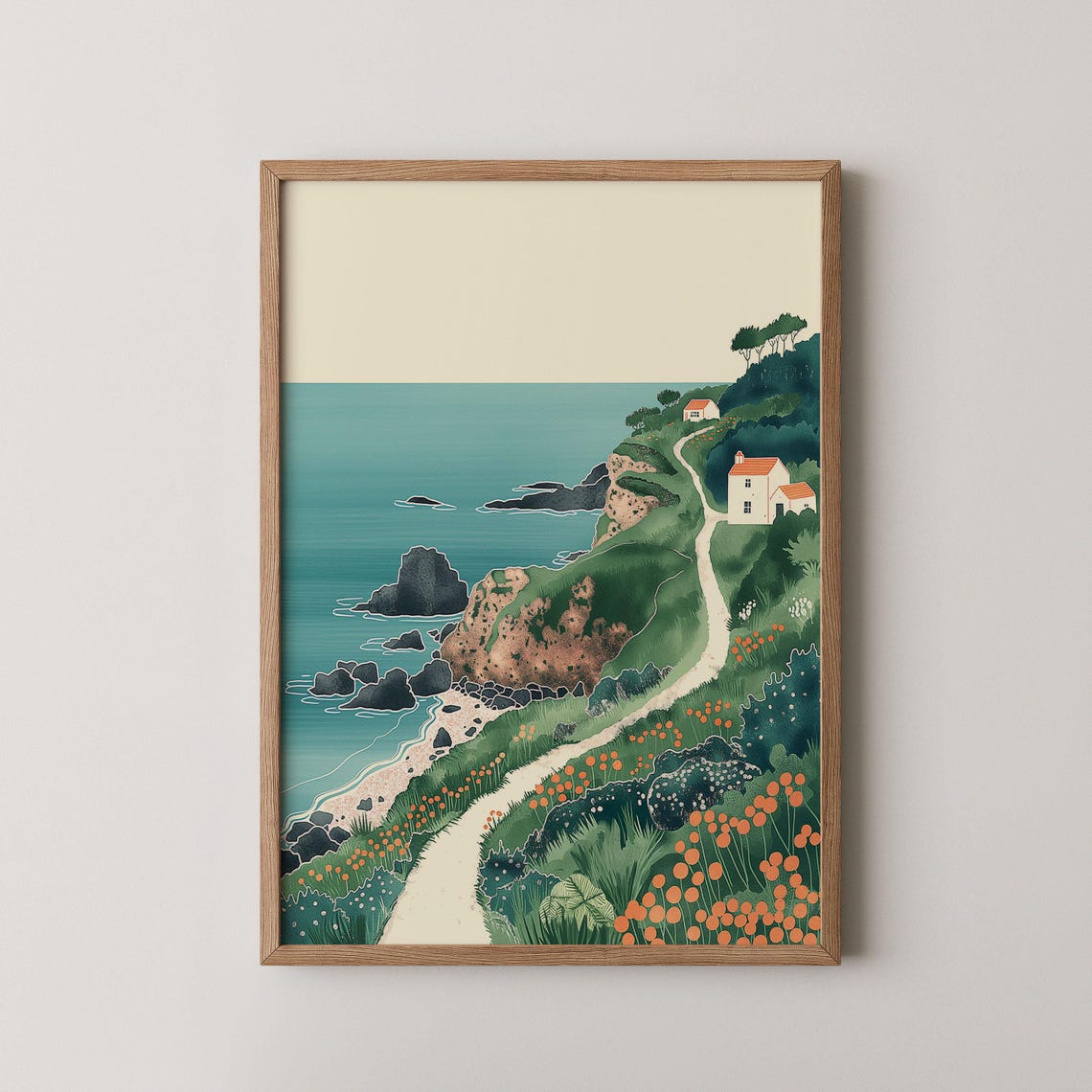Coastal Cliff Path Seaside Cottages Ocean View Landscape Poster