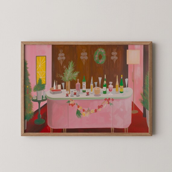 Mid Century Pink Bar Cart Christmas Party Cocktail Lounge Print
