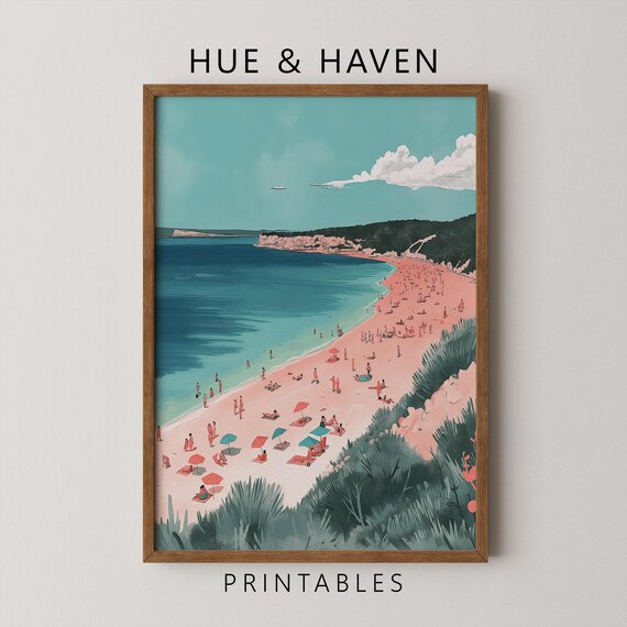 Busy Beach Aerial Ocean View Tiny People Coral Shore Art Print